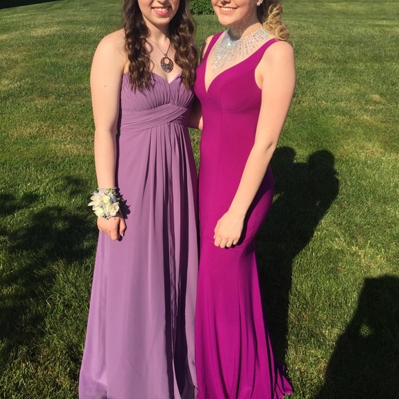Purple fitted prom dress with deep v - Picture 2 of 3